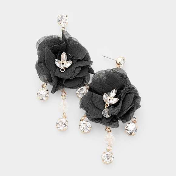 NEW Black Mesh Fabric Floral Crystal Earrings Y2K Fashion - Picture 1 of 8